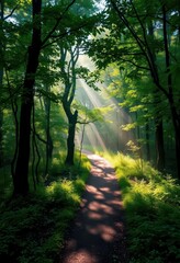 Fototapeta premium Misty forest path winds through dense, verdant foliage, sunlight dappling the ground, overgrown, wilderness, forest path