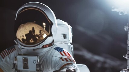 Experienced astronaut driving lunar rover across barren moon surface, representing advanced scientific research and space exploration achievements of mission