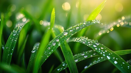 Naklejka premium Fresh Morning Dew on Vibrant Green Grass Blades in Soft Light