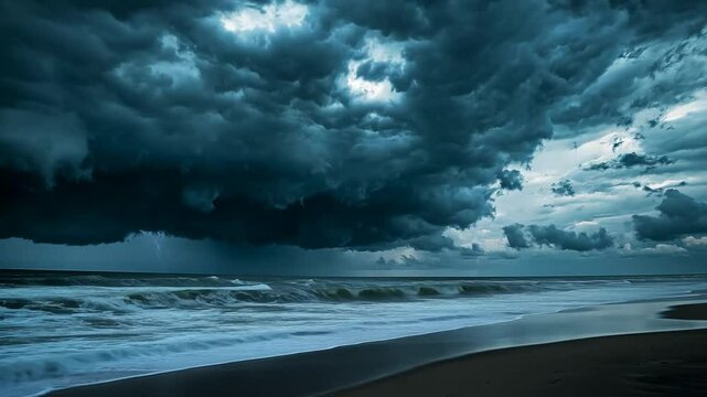 Dramatic storm clouds over the ocean with lightning strike on the horizon video clip
