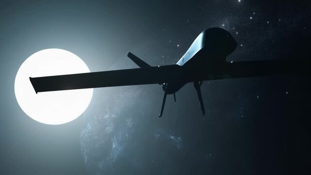 High tech combat drone hovering silently against luminous planetary surface, showcasing advanced autonomous flight amid cosmic starry background
