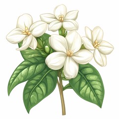 Obraz premium Delicate White Jasmine Blossom: Elegant Botanical Illustration with Vibrant Green Leaves - Perfect for Spring Decor and Nature Art Lovers