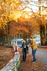 Naklejka premium Mom leads a little girl by the hand along a stone fence in the park next to dad with a handful of fallen leaves