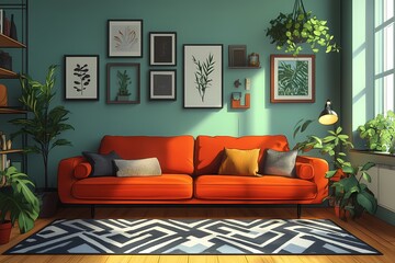 Modern Interior Design Living Room: Vibrant Orange Sofa, Green Walls, and Stylish Home Decor Aesthetic