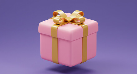 A delightful pink gift box adorned with a golden bow, a symbol of joy and celebration against a soft purple backdrop.