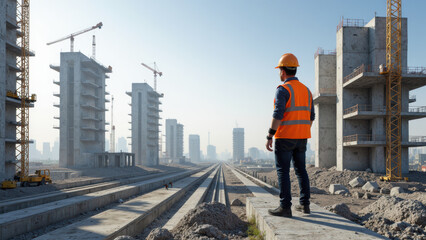 construction worker safety vest and helmet observes building site with cranes and unfinished structures, feeling determined