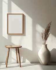 Minimalist, sun-drenched room with wooden frame, stool and vase