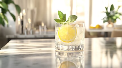 A refreshing glass of lemonade garnished with mint and lemon slices on a marble table in a sunlit kitchen setting