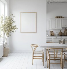 Bright, minimalist kitchen/dining area with wooden accents.  Natural light floods the space