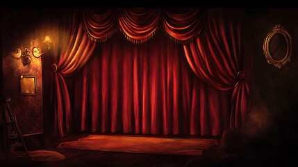 A richly decorated vintage theater stage with red velvet curtains, dimly lit atmosphere, and luxurious furnishings creating a dramatic and inviting scene