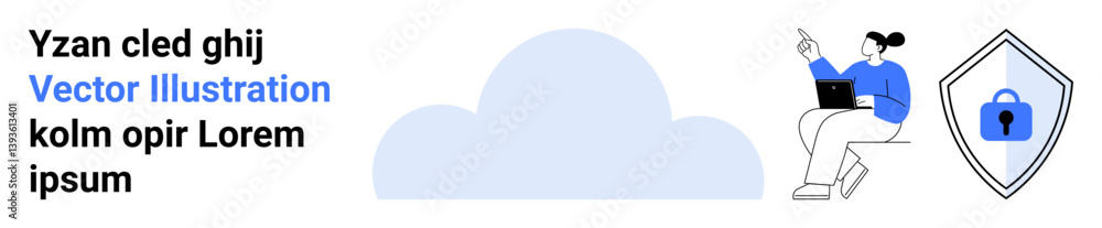 Poster female character using a laptop with cloud icon and shield with padlock symbolizing security, data s