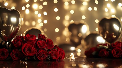 A romantic arrangement of deep red roses in foreground with shimmering golden fairy lights and shiny heart-shaped balloons in a softly blurred background