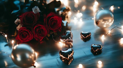 A romantic arrangement featuring red roses, decorative heart-shaped chocolates, and sparkling fairy lights on a wooden table