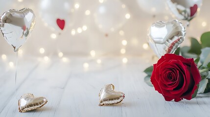 Romantic decor featuring red rose, silver heart-shaped ornaments, and white balloons with shimmering lights creating a warm ambiance