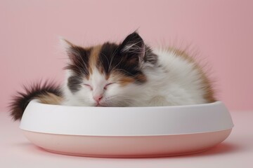 A minimalist design featuring a modern cat bowl, showcasing elegance and simplicity for a premium pet food brand.