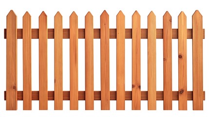 A wooden fence with a rustic design, showcasing vertical slats with pointed tops, exhibiting a warm brown color and natural wood grain texture