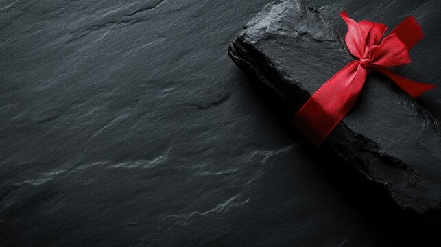 Dark slate gift.  A rich black slate slab is presented as a gift, tied with a crimson ribbon.  The stone's textured surface and the vibrant red accent create a striking contrast