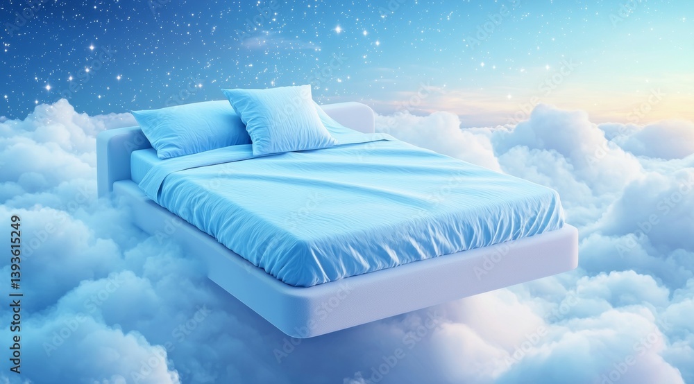 Poster bed is floating in the sky with clouds surrounding it