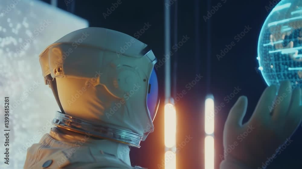 Poster astronaut in a spacesuit interacts with a holographic projection of earth, showcasing space explorat