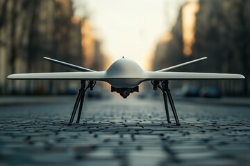 A small white drone is sitting on a cobblestone street