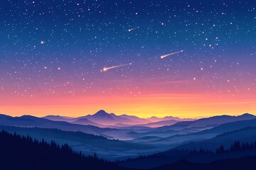 Fototapeta premium Starry Sky Above Mountain Range: Captivating Cosmic Landscape with Shooting Stars and Vivid Sunset Colors