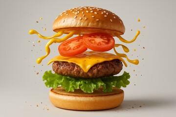 Floating cheeseburger with lettuce, tomato, and cheese drips on sesame bun