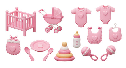 A sweet collection of pastel pink baby girl's items, including a crib, stroller, onesies, rattles, and feeding essentials, presented in a charming and adorable style.