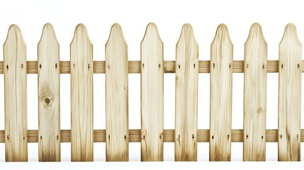 A clean and simple wooden picket fence with a natural finish against a white background, conveying a sense of rustic charm and tranquility