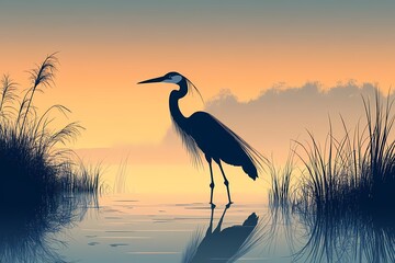 Heron Silhouette at Sunset: Tranquil Wildlife Reflection in Scenic Water Landscape