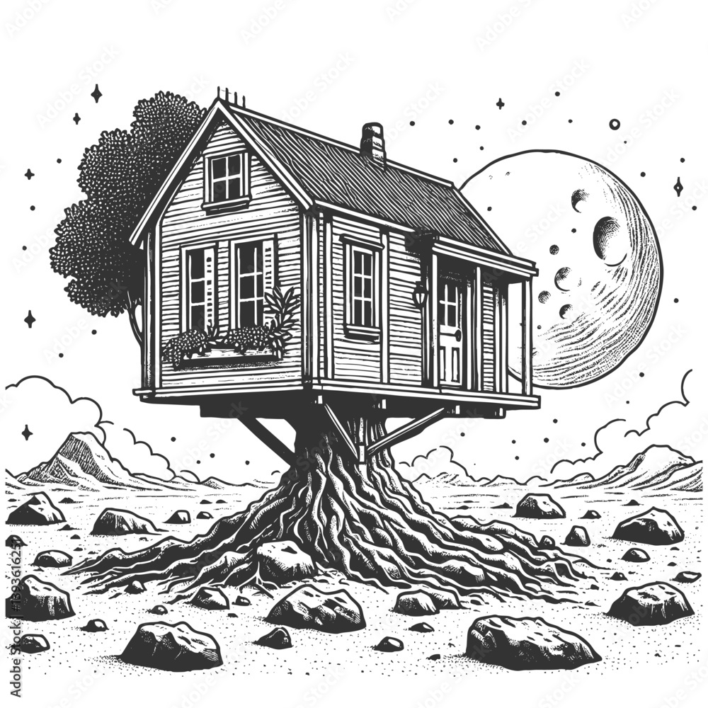Poster house on a rocky alien landscape with a large moon and planets in the background sketch engraving ge