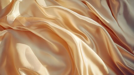 Smooth, shiny satin fabric in soft beige hues, showcasing intricate folds and texture in natural light