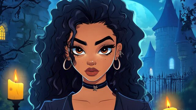 A captivating portrait of a glamorous vampire woman set against the backdrop of a medieval castle, crafted in a modern cartoon style.