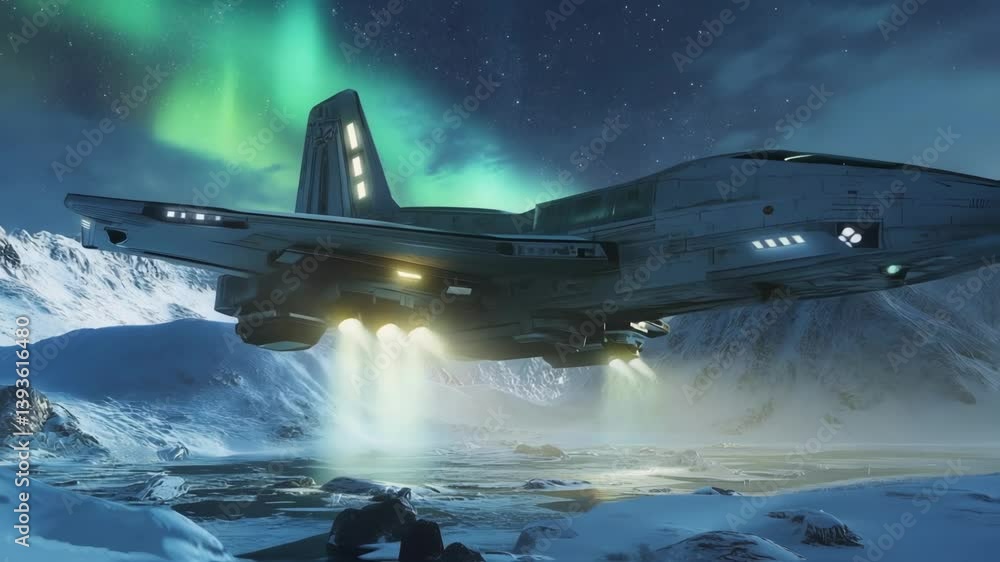 Poster glowing futuristic spaceship hovering above a frozen landscape, bathed in the ethereal light of an a