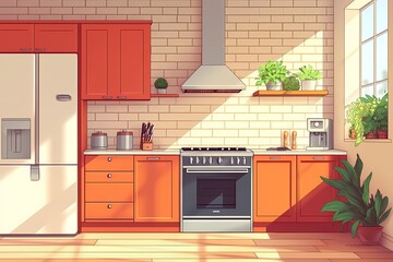 Modern Kitchen Interior Design with Natural Light, Wooden Floors, and Stylish Appliances