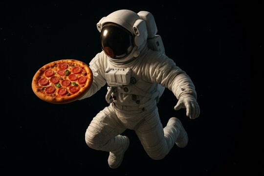 Astronaut in space suit floating in zero gravity holding pepperoni pizza