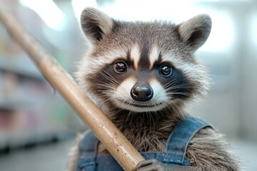 Obraz premium A raccoon is wearing a blue overalls and holding a broom
