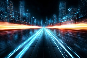 Fototapeta premium City street with a long road and a bright blue sky