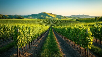 Naklejka premium Lush vineyard rows stretch to a distant hill under a bright sky