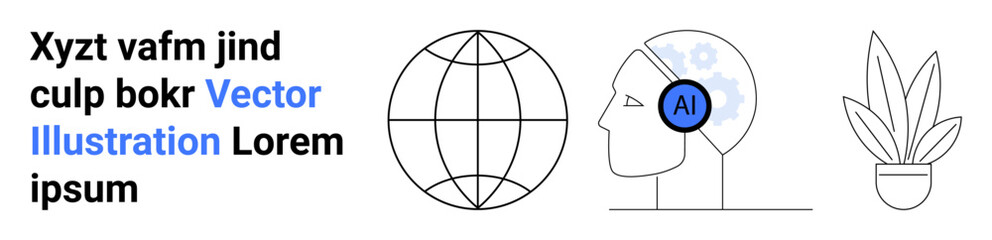 Human head with AI chip, globe symbolizing global connection, and plant representing growth. Ideal for tech, innovation, AI, global networking, sustainability, education flat landing page banner