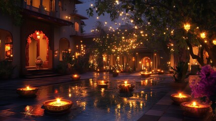 Naklejka premium Evening scene depicting a courtyard illuminated by candlelight and hanging lights