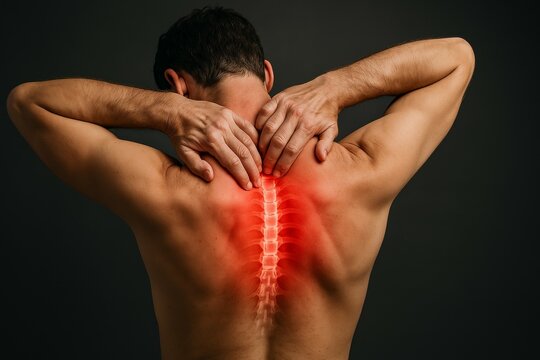 Male adult with spine pain backache and inflammation highlighted