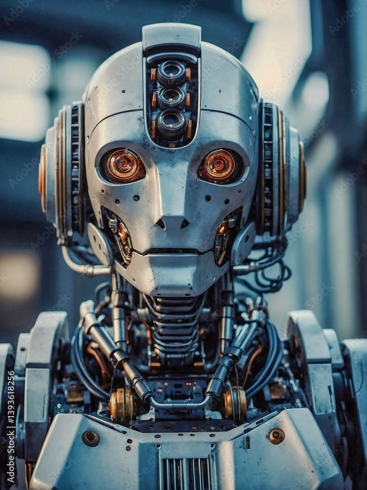 Poster retro ai robot character in a stylized environment.