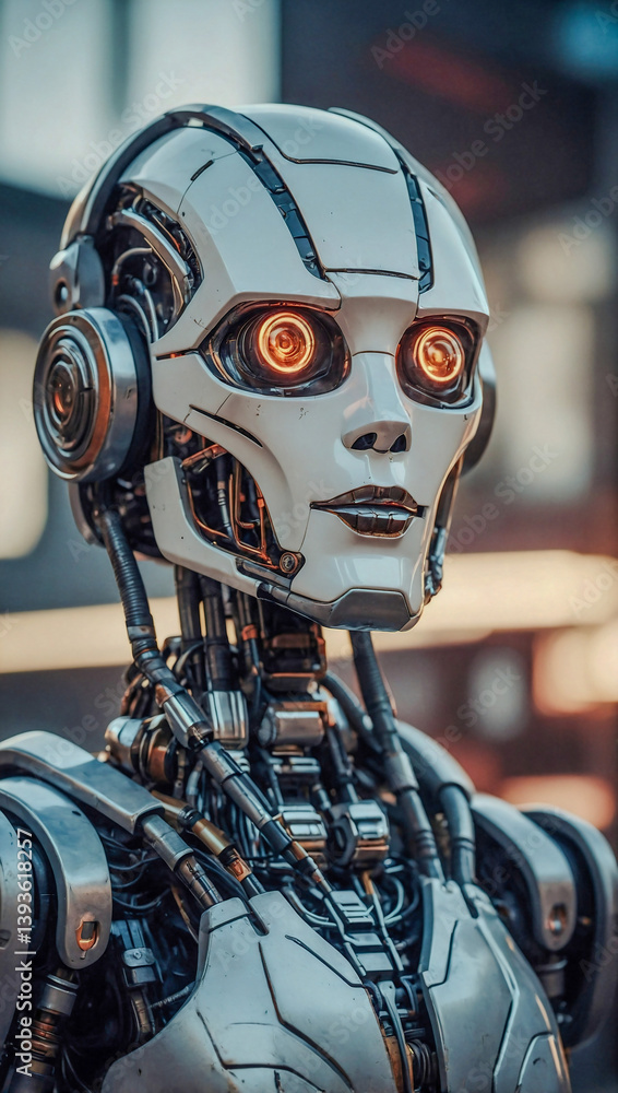 Poster retro ai robot character in a stylized environment.