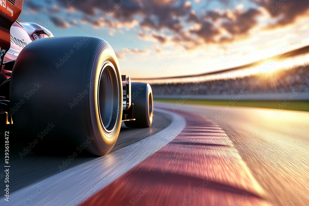 Aufkleber a race car is speeding down a track with the sun setting in the background