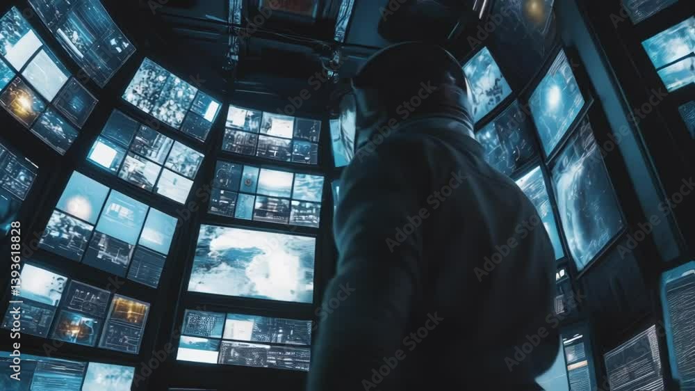 Poster astronaut supervises various monitors displaying complex data and information, actively engaging wit