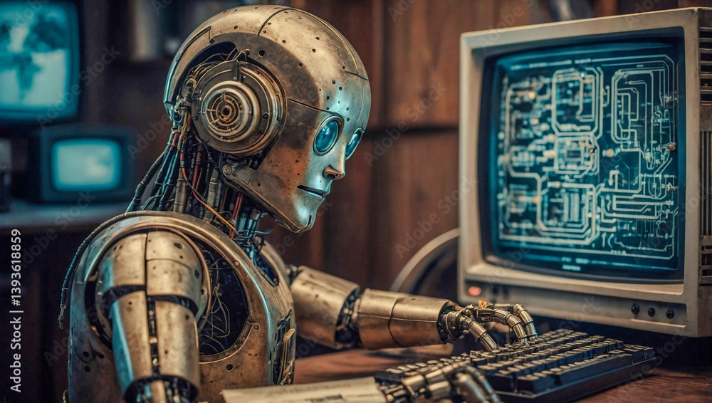Poster retro ai robot in a vintage computing environment.