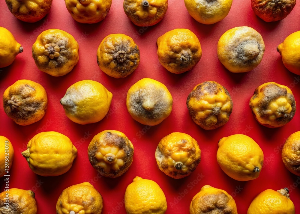 Poster closeup view of a decaying lemon pattern on a vibrant red background a stunning abstract image for c