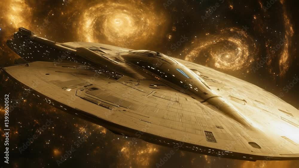 Poster golden nebulae and distant stars create a breathtaking backdrop for a large spaceship, its advanced 