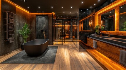 Luxurious, modern bathroom with warm lighting, dark accents, and natural wood elements.  Dark-toned oval bathtub,  stylish vanity, and spacious walk-in shower
