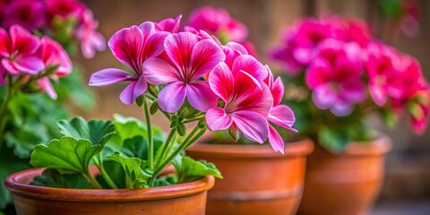 Fototapeta premium Stunning Terracotta Pot Filled with Vibrant Pink Royal Pelargoniums A CloseUp Blossom Showcase